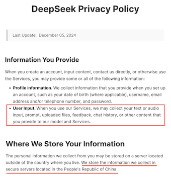 Der von DeepSeek gehostete Dienst sammelt eine breite Palette von Nutzerdaten, darunter Texte, Audiodateien und hochgeladene Dateien. Laut Datenschutzrichtlinie könnten diese auf Servern in China gespeichert werden, was den Unterschied zwischen der Nutzung eines Open-Source-Modells und eines gehosteten Dienstes verdeutlicht.