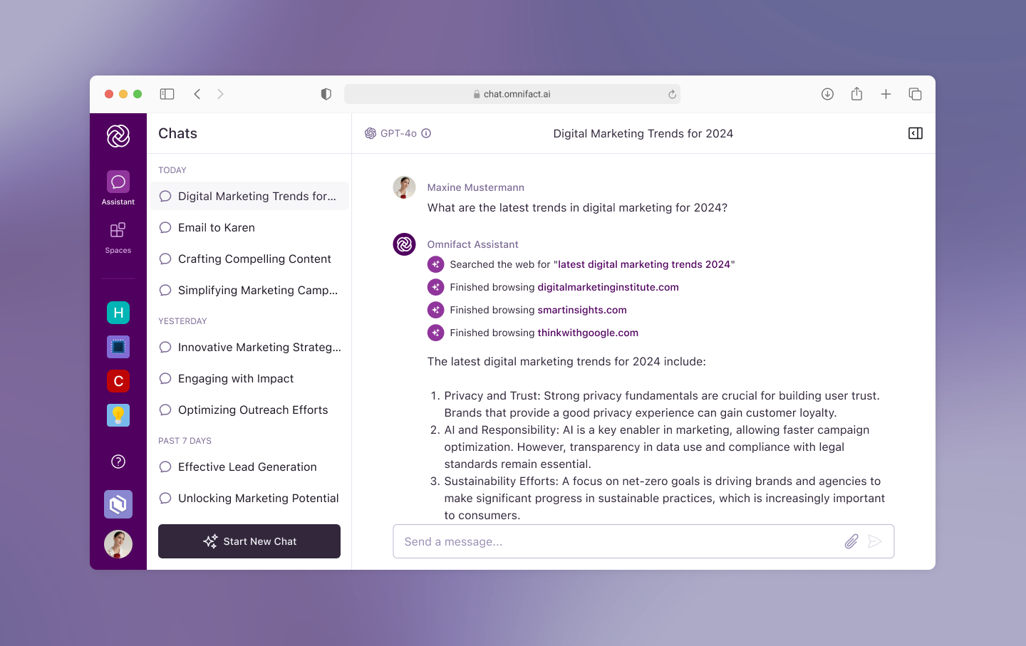 Through web search and browsing, Omnifact can external information in real-time