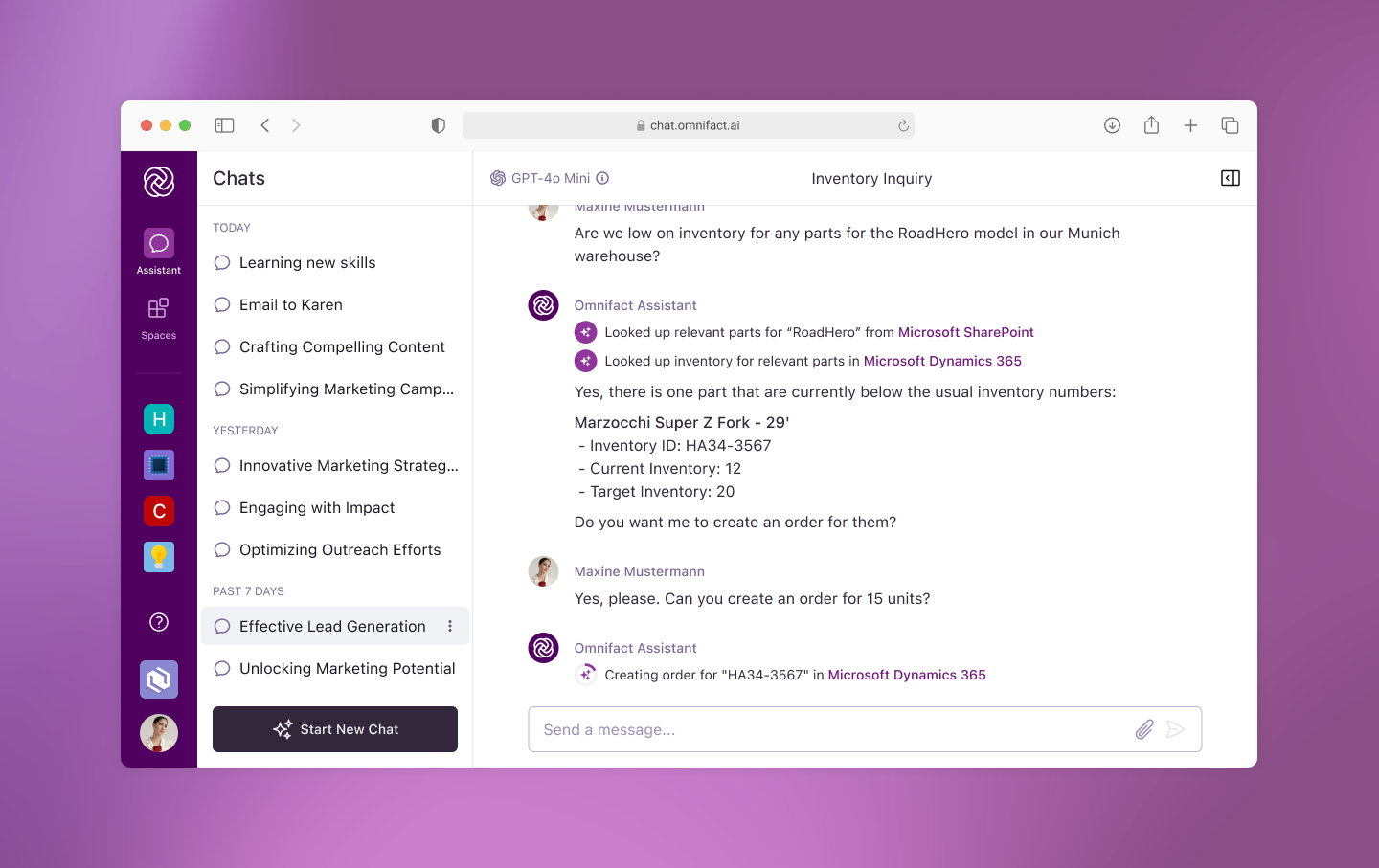 Omnifact can be integrated with systems like Microsoft SharePoint, Microsoft Dynamics 365, Zendesk, Hubspot, and many others