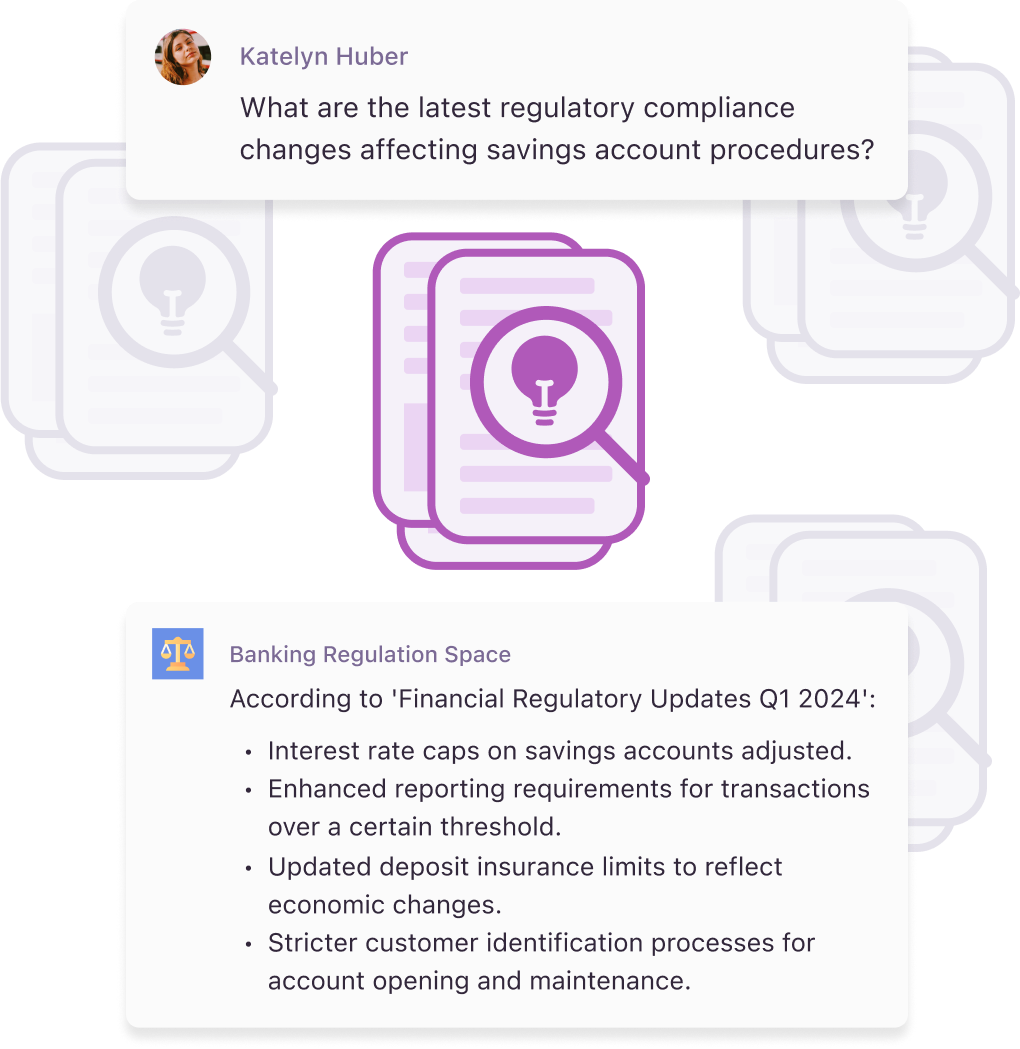 An illustration showing a chat bubble with a question about recent regulatory changes for savings accounts and a reply listing Q1 2024 updates: adjusted interest rate caps, new transaction reporting rules, revised deposit insurance limits, and stricter ID processes for account management.