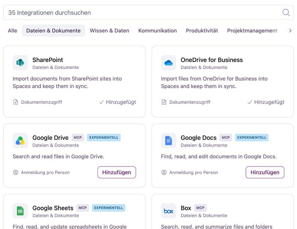 Der Integrations-Katalog in den Team-Einstellungen mit verfügbaren Apps nach Kategorien