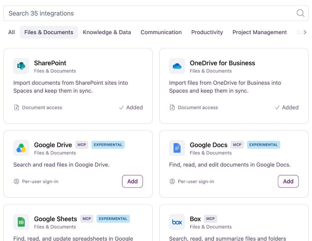 The Integrations Catalog in Team Settings showing available apps across categories