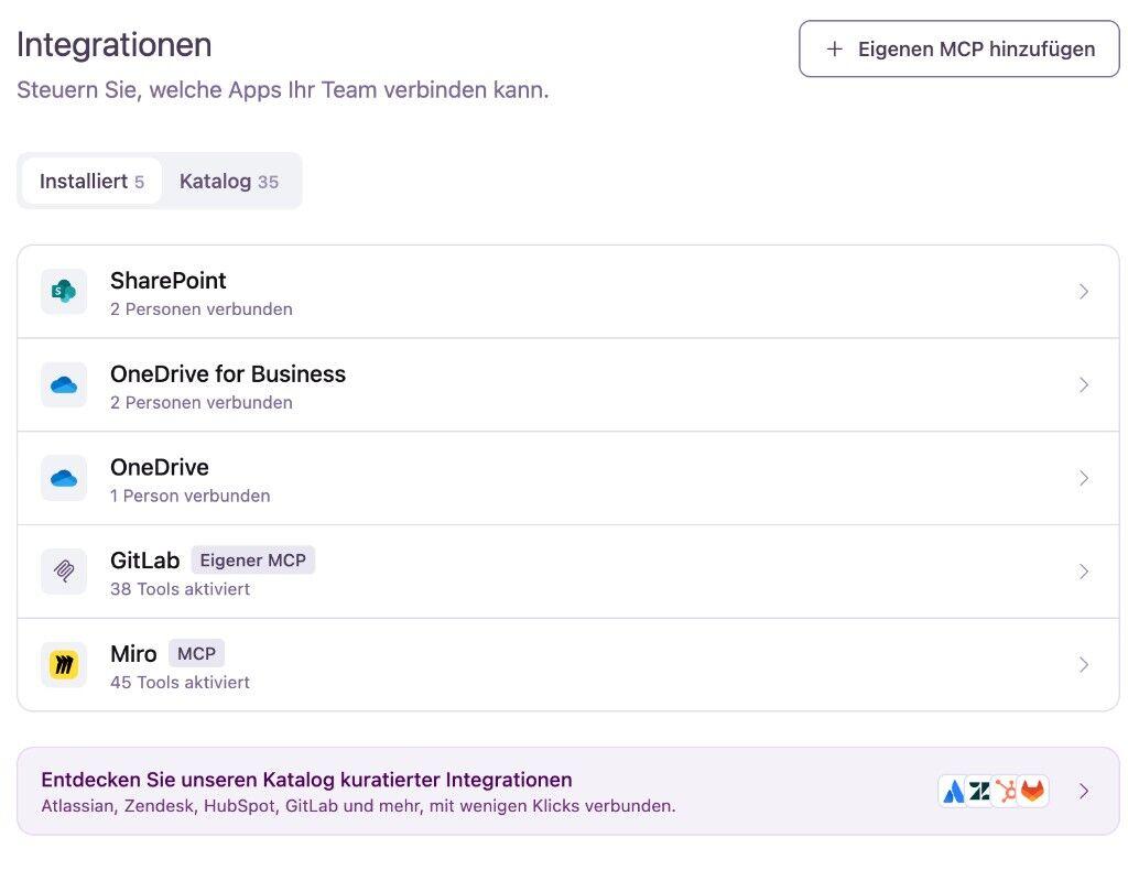 Installierte Integrationen in den Team-Einstellungen mit verbundenen Personen, aktiven Tools und Katalog-Teaser