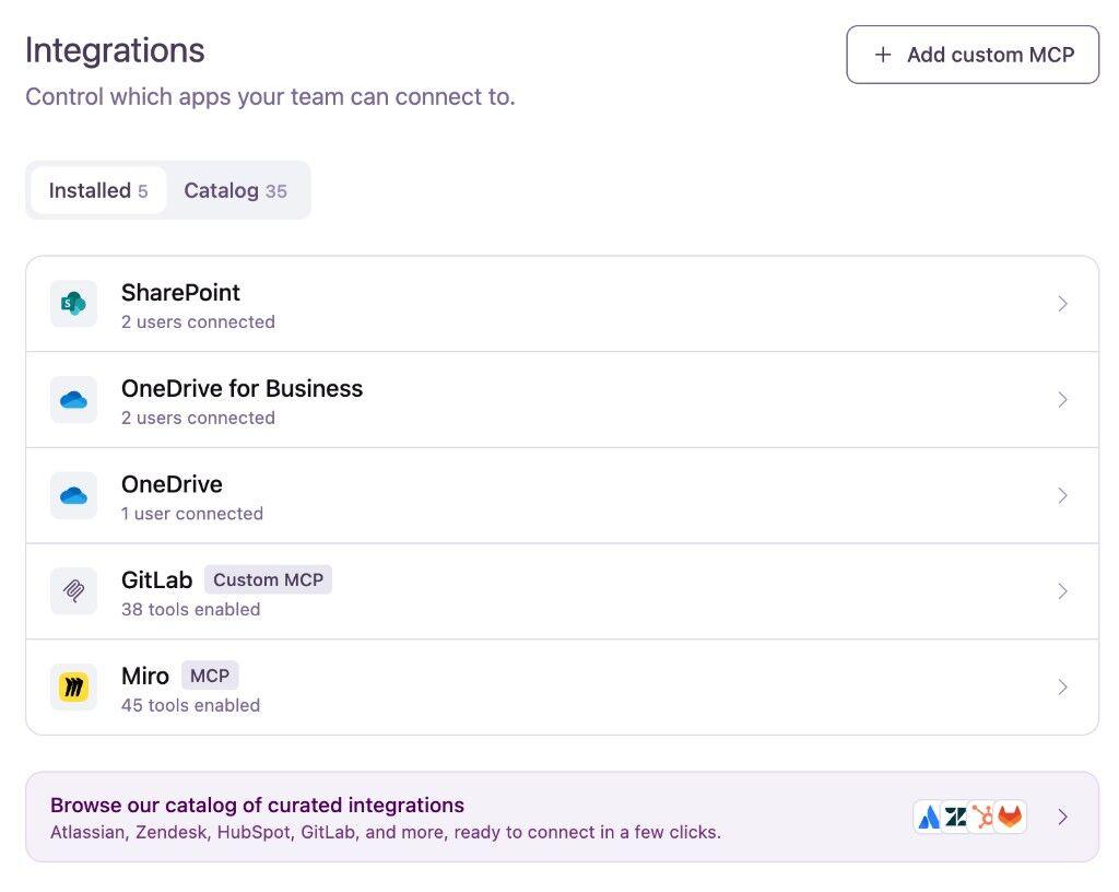 Installed integrations in Team Settings showing connected users, enabled tools, and the catalog teaser