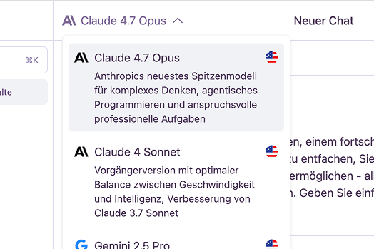 Claude Opus 4.7 in der Modellauswahl ausgewählt.