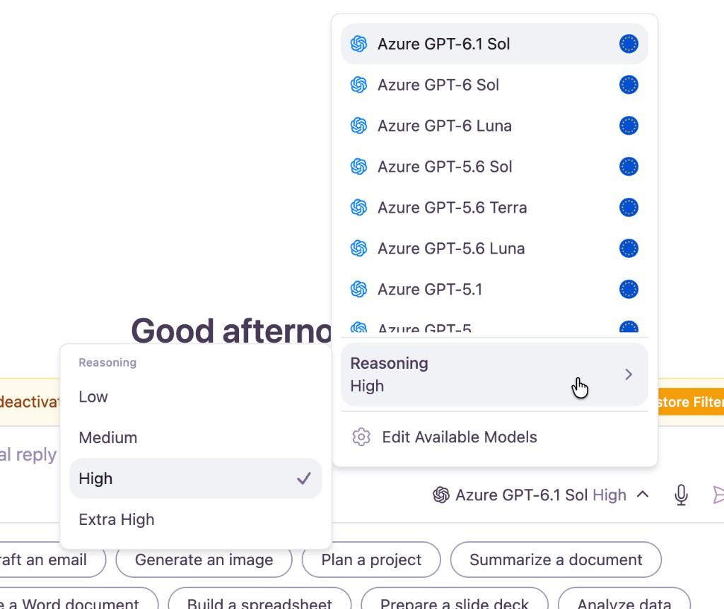 The Reasoning submenu inside the Chat Input model picker