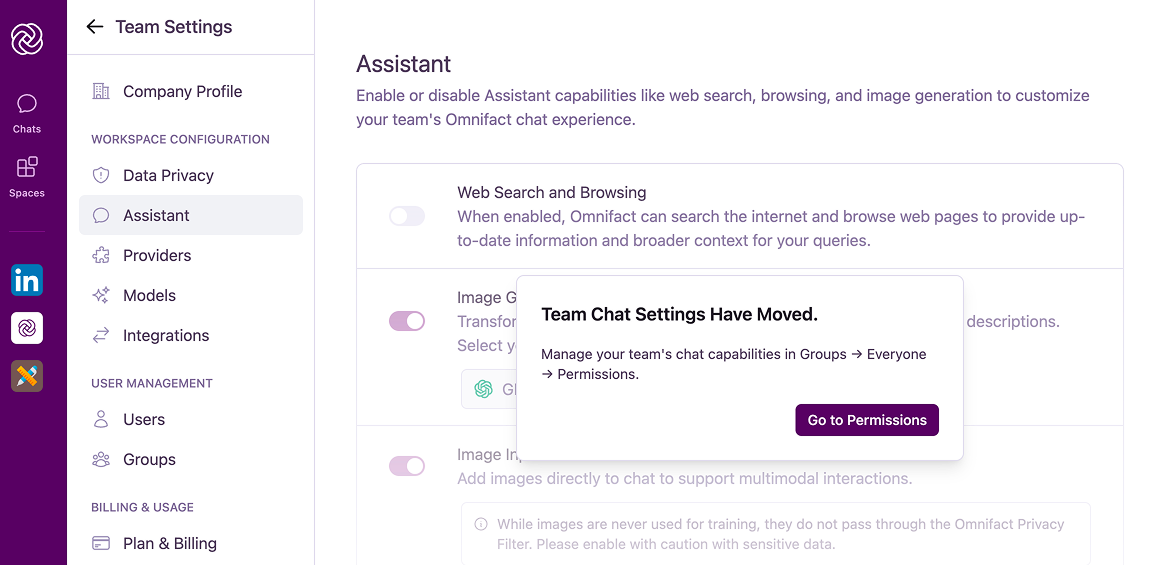 Assistant menu replacement showing Capabilities management is now in Groups