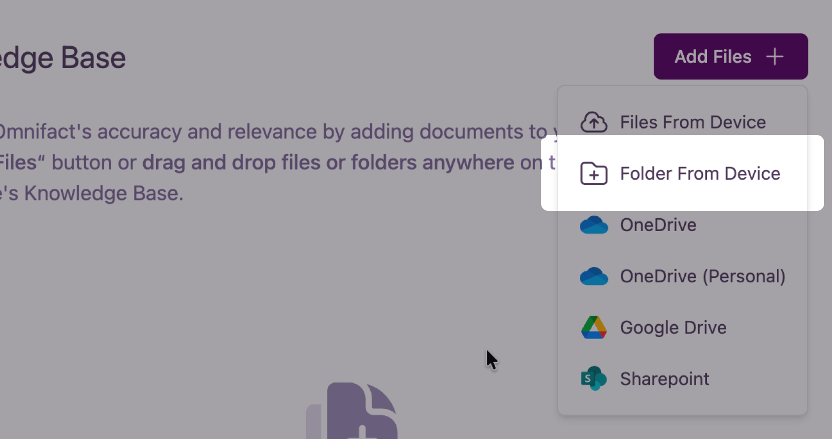 The new "Add Folder" button shown in the Knowledge Base upload interface, with both cloud and local options.