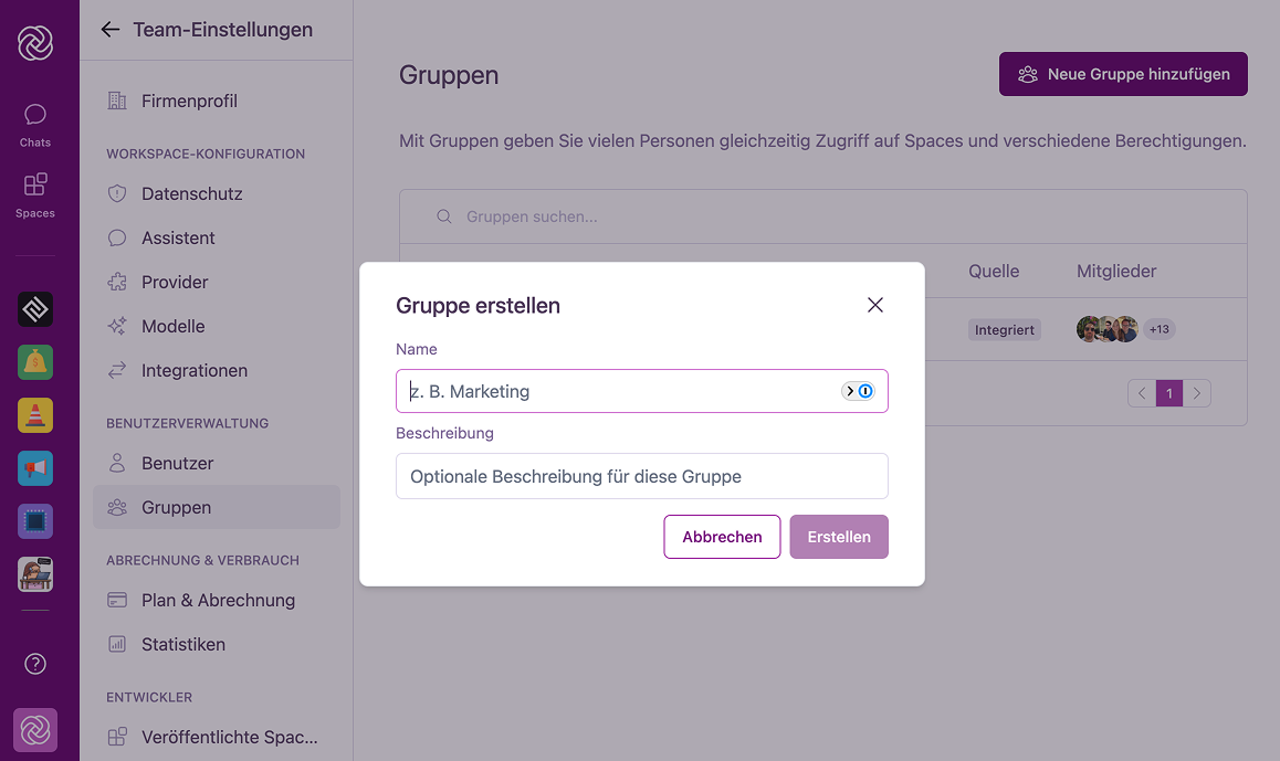 Modal "Gruppe erstellen" mit Feldern für Name und Beschreibung