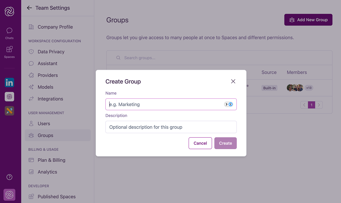 Create Group modal showing name and description fields