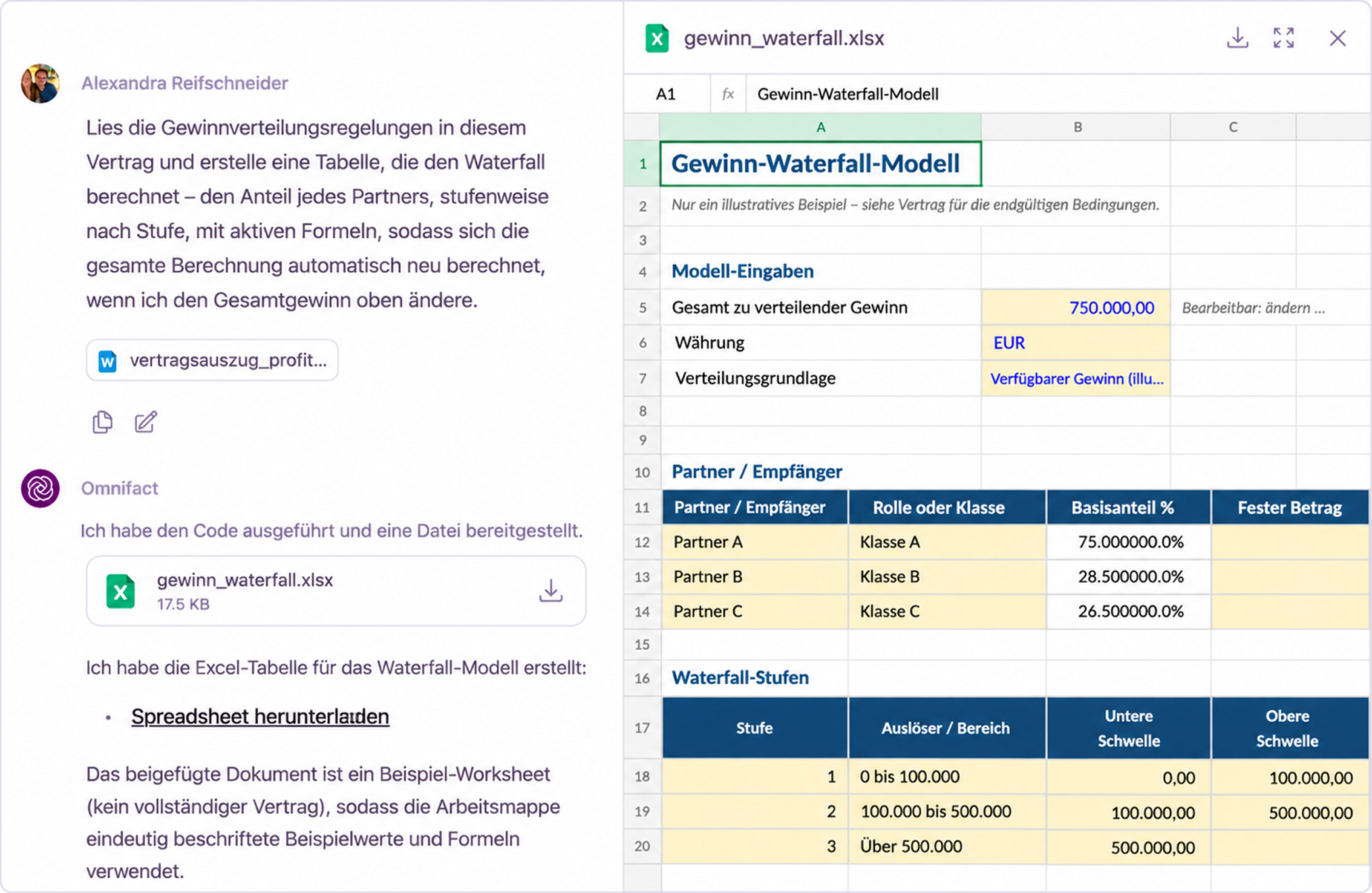 Aus einer angehängten Quelldatei wird eine Excel-Arbeitsmappe mit dynamischen Formeln, die Sie im Chat in der Vorschau ansehen und herunterladen können.