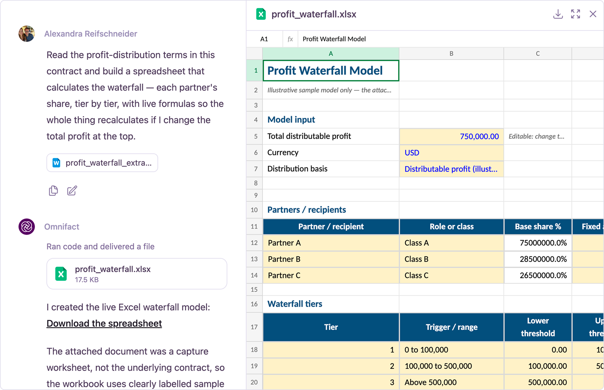An attached source file becomes an Excel workbook with live formulas you can preview and download in chat.