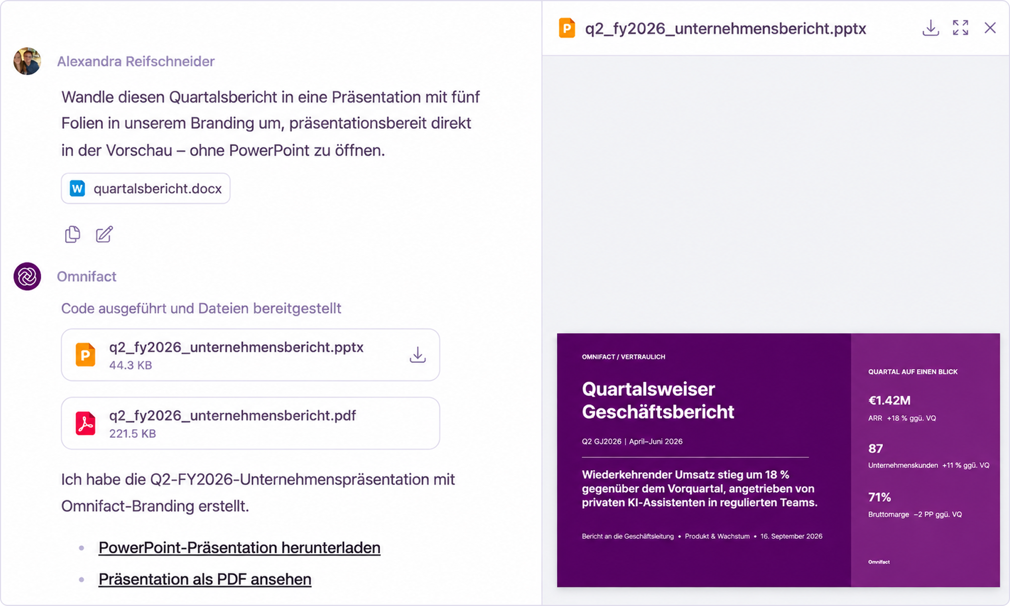 Aus einem angehängten Bericht wird ein PowerPoint-Foliensatz mit Ihrem Branding, den Sie im Chat in der Vorschau ansehen und herunterladen können.