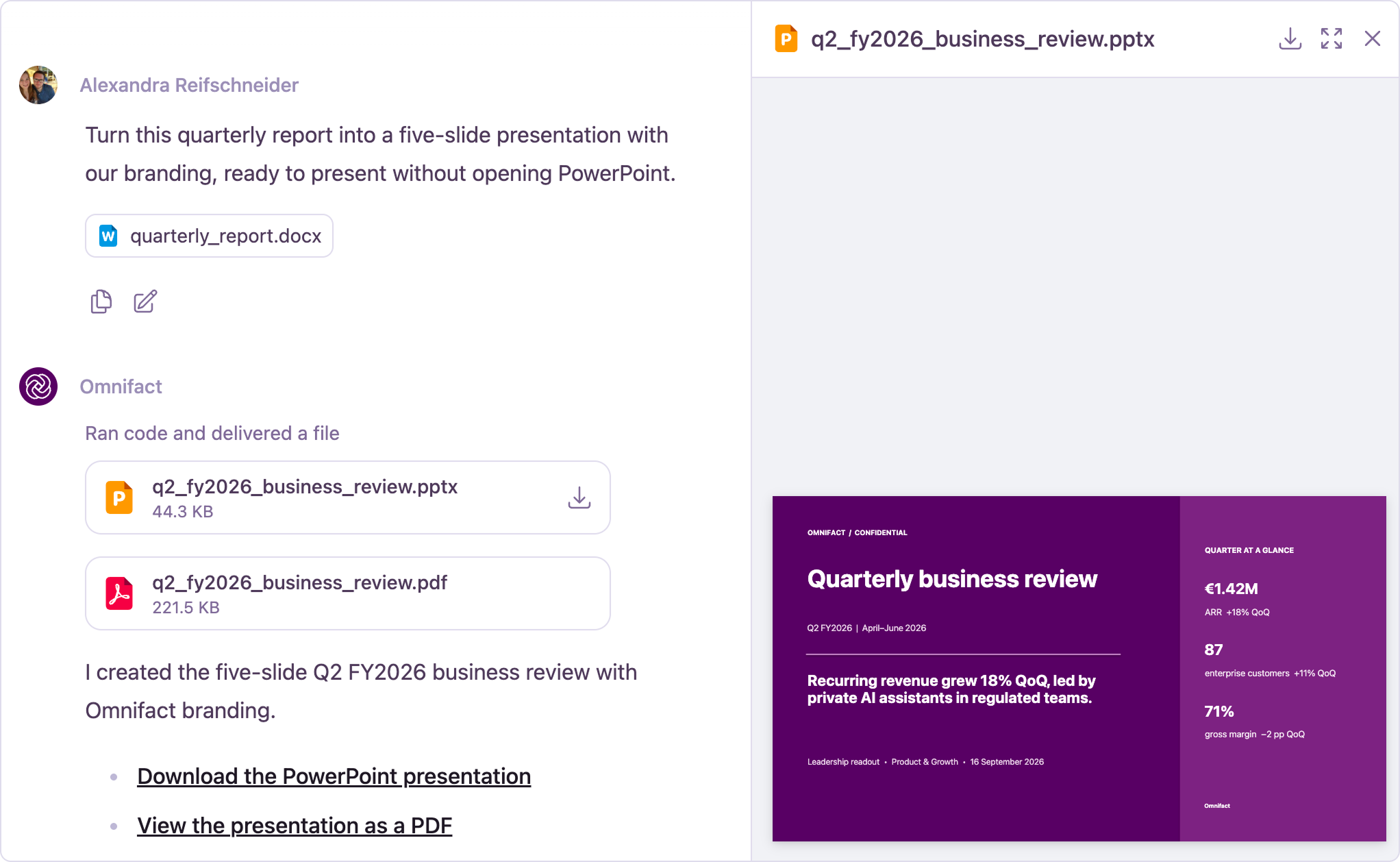 An attached report becomes a branded PowerPoint deck you can preview and download in chat.
