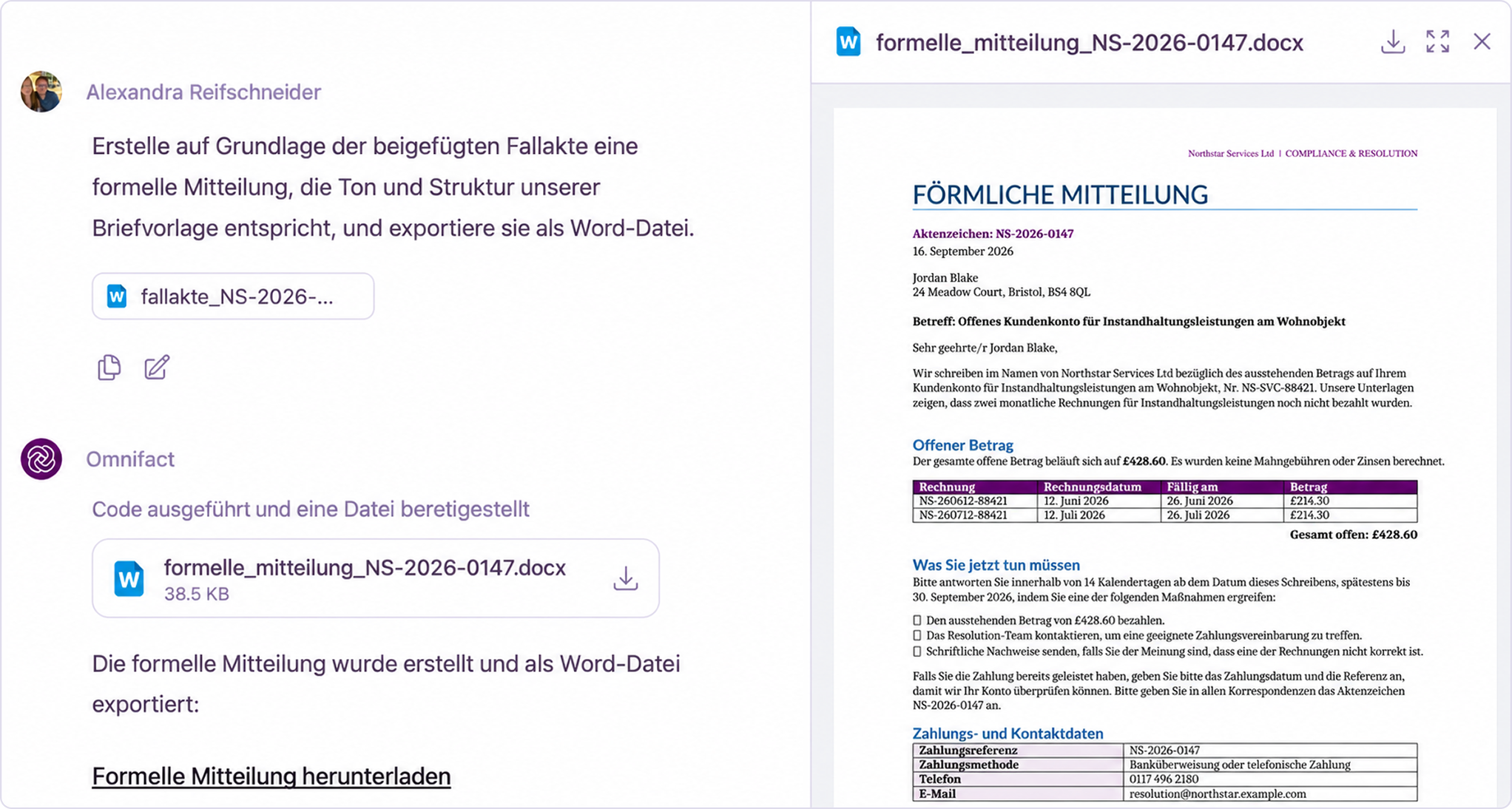 Aus einer angehängten Fallakte wird ein formatiertes Word-Dokument, das Sie im Chat in der Vorschau ansehen und herunterladen können.