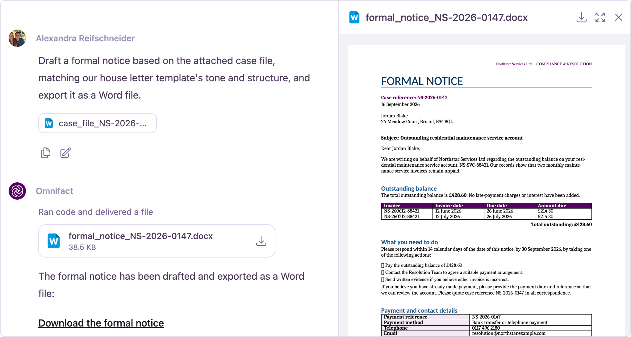An attached case file becomes a formatted Word document you can preview and download in chat.