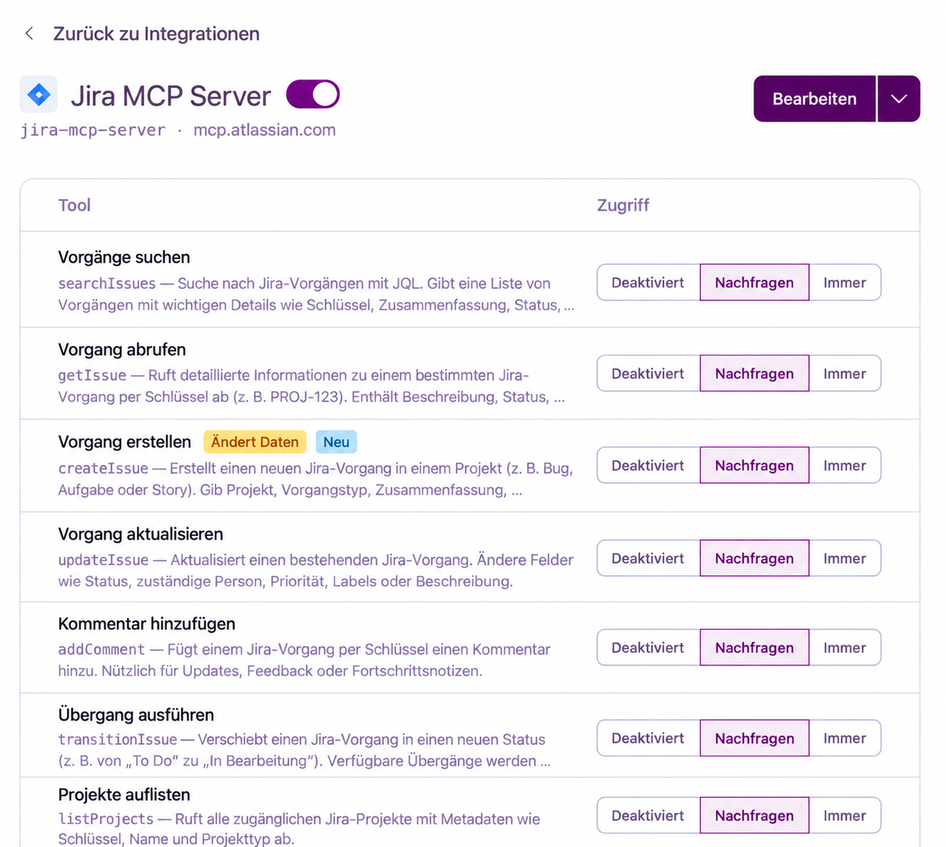 Konfigurierte MCP-Server und gefundene Tool-Schemas in den Einstellungen