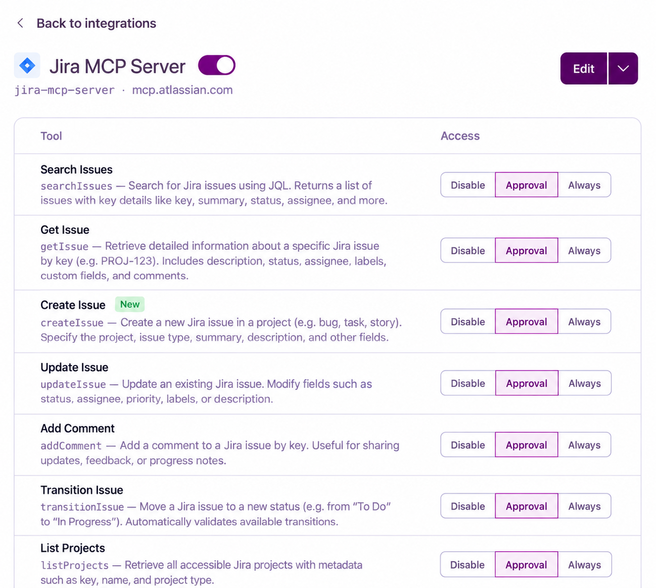Configured MCP servers and discovered tool schemas in Settings
