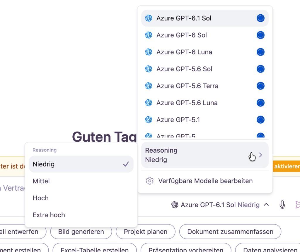 Das Reasoning-Untermenü in der Modellauswahl des Chat Input