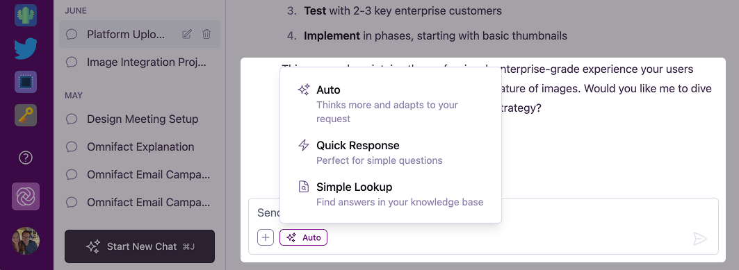 Mode selector in the chat input