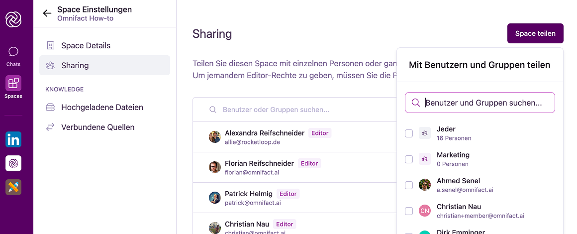 Modal "Space mit Gruppe teilen" mit Gruppenauswahl