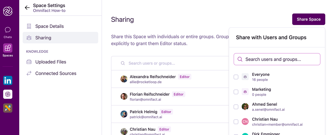 Share Space with Group modal showing group selection