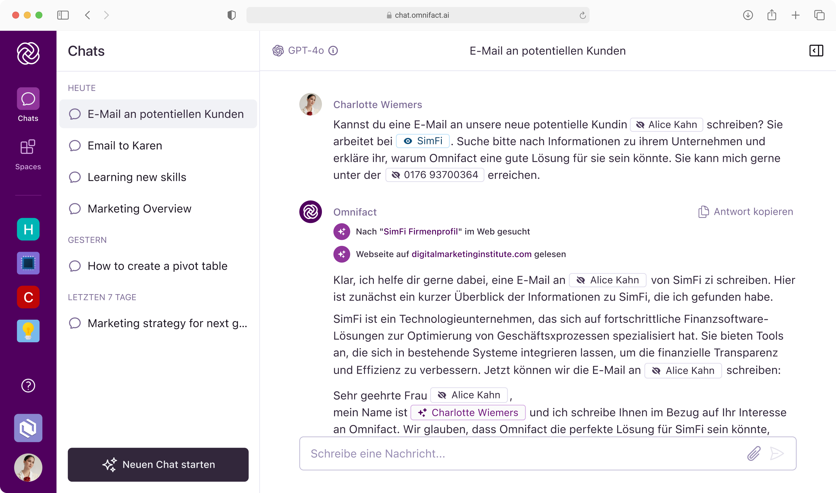 Der Screenshot zeigt die AI-gestützte Chat-Oberfläche von Omnifact, in der Charlotte Williams die KI bittet, eine E-Mail an die potenzielle Kundin Alice Wang von SimFi zu verfassen. Die KI führt eine Websuche durch, um Informationen über SimFi zu sammeln, und beschreibt das Unternehmen als ein FinTech-Unternehmen, das sich auf softwarebasierte Effizienzlösungen spezialisiert hat. Anschließend erstellt die KI eine personalisierte E-Mail für Alice. Die Benutzeroberfläche besteht aus einer linken Seitenleiste, die kürzlich geführte Chats unter Kategorien wie „Heute“ und „Gestern“ anzeigt, während das Haupt-Chat-Fenster rechts das Gespräch zeigt, mit Funktionen wie dem Kopieren der Antwort der KI und einem Textfeld für Benutzereingaben.
