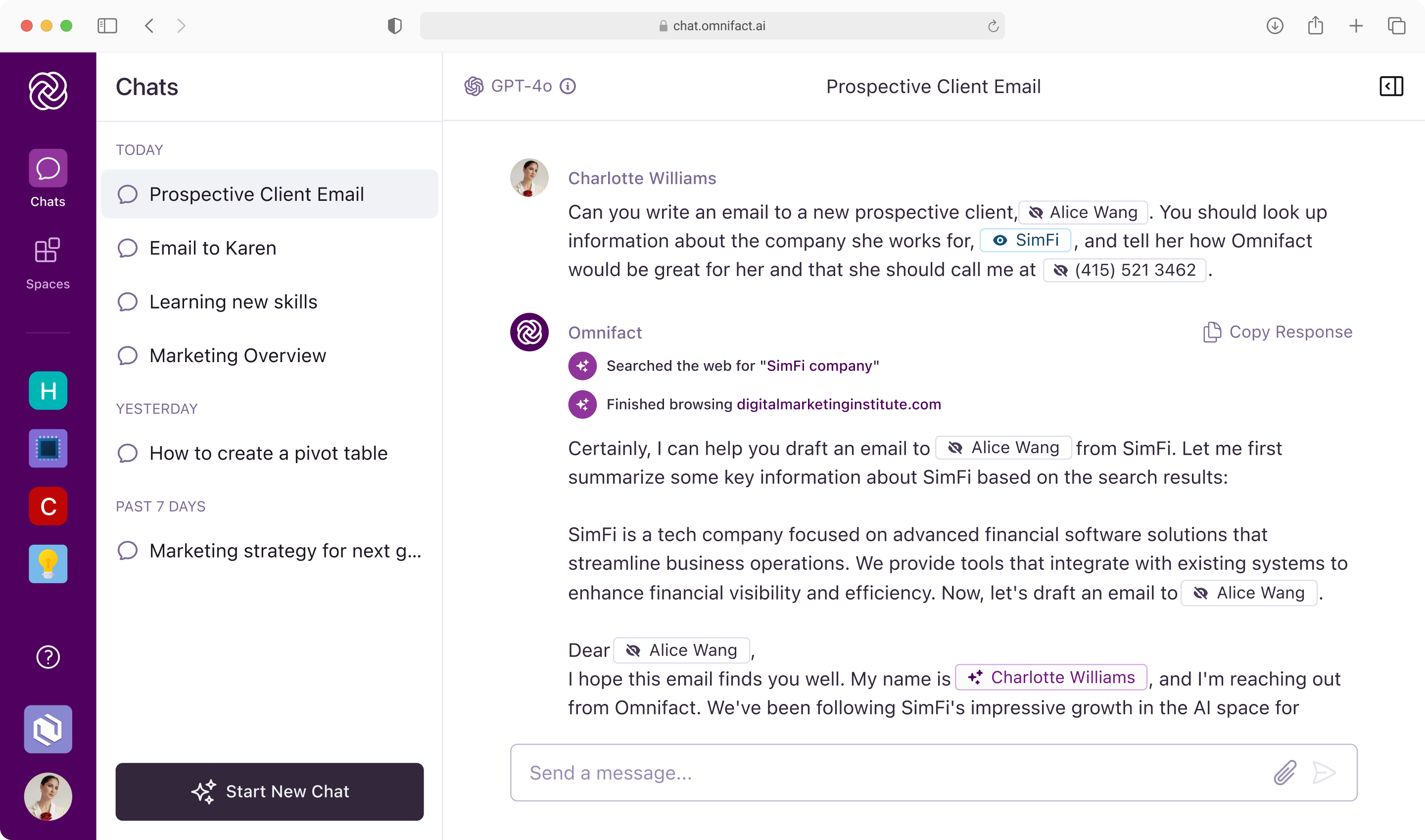 The screenshot depicts Omnifact's AI-powered chat interface, where Charlotte Williams asks the AI to write a prospective client email for Alice Wang at SimFi. The AI performs a web search to learn about SimFi, describing it as a financial tech company specializing in efficiency-boosting software, then drafts a personalized email for Alice. The interface consists of a left sidebar displaying recent chat sessions under categories like "Today" and "Yesterday," while the main chat window on the right shows the conversation, with options like copying the AI's response and a text box for user input.