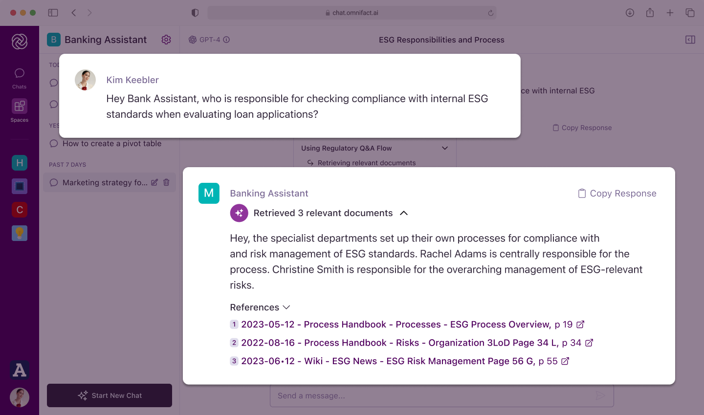 Stylized image of the Omnifact Spaces interface showing a chat where a user asks a custom AI assistant called "Banking Assistant" about responsibility for ESG compliance in loan evaluations. The Assistant gives a useful reply, referencing their processes and risk management documents.